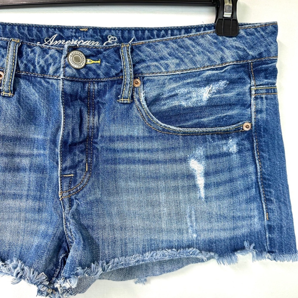VTG Y2K 00s American Eagle Denim Low Rise Micro Mini Jean Shorts Sz 8 Distressed - Picture 2 of 7